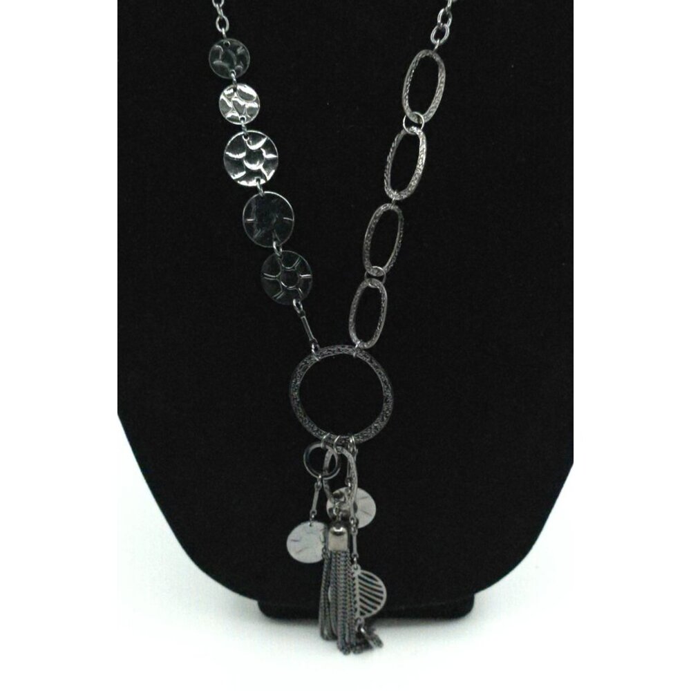 Textured Silver Tone Long Statement Necklace With Layered Coin Pendants & Tassel